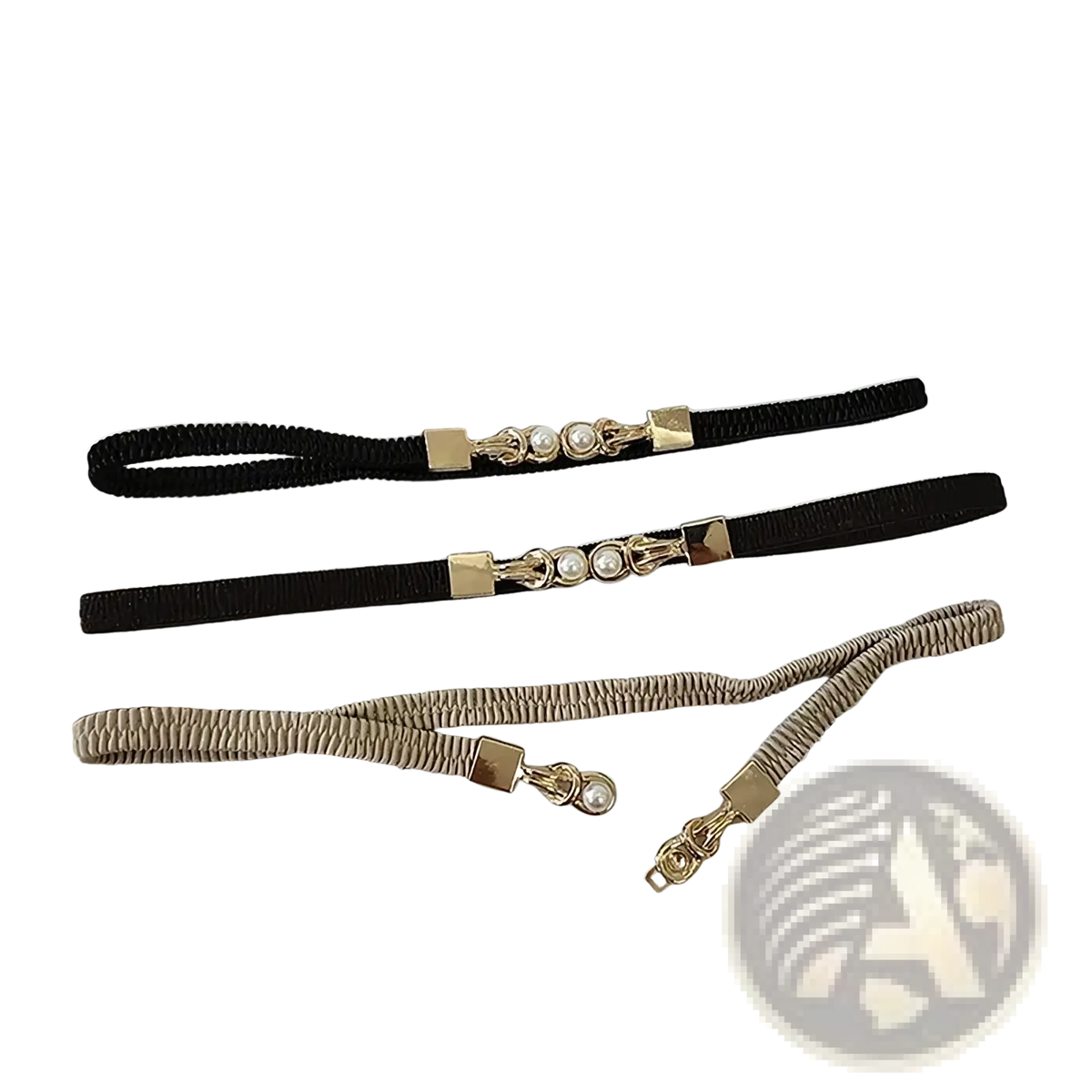 Pearl buckle thin waist belts for women featuring black and beige woven straps with gold-tone hardware and pearl accents