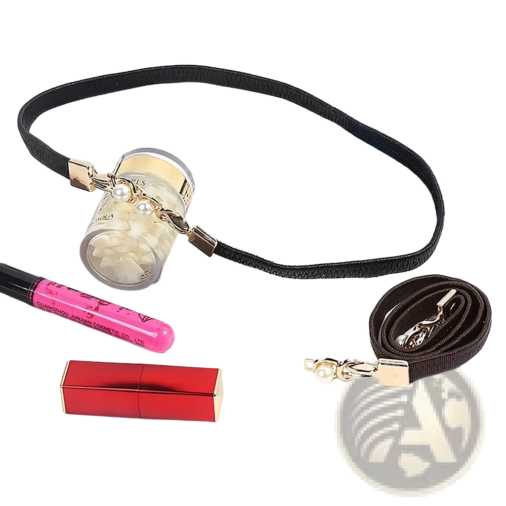 Black elastic pearl buckle thin waist belt for women with gold-tone hardware and clear pouch filled with white beads
