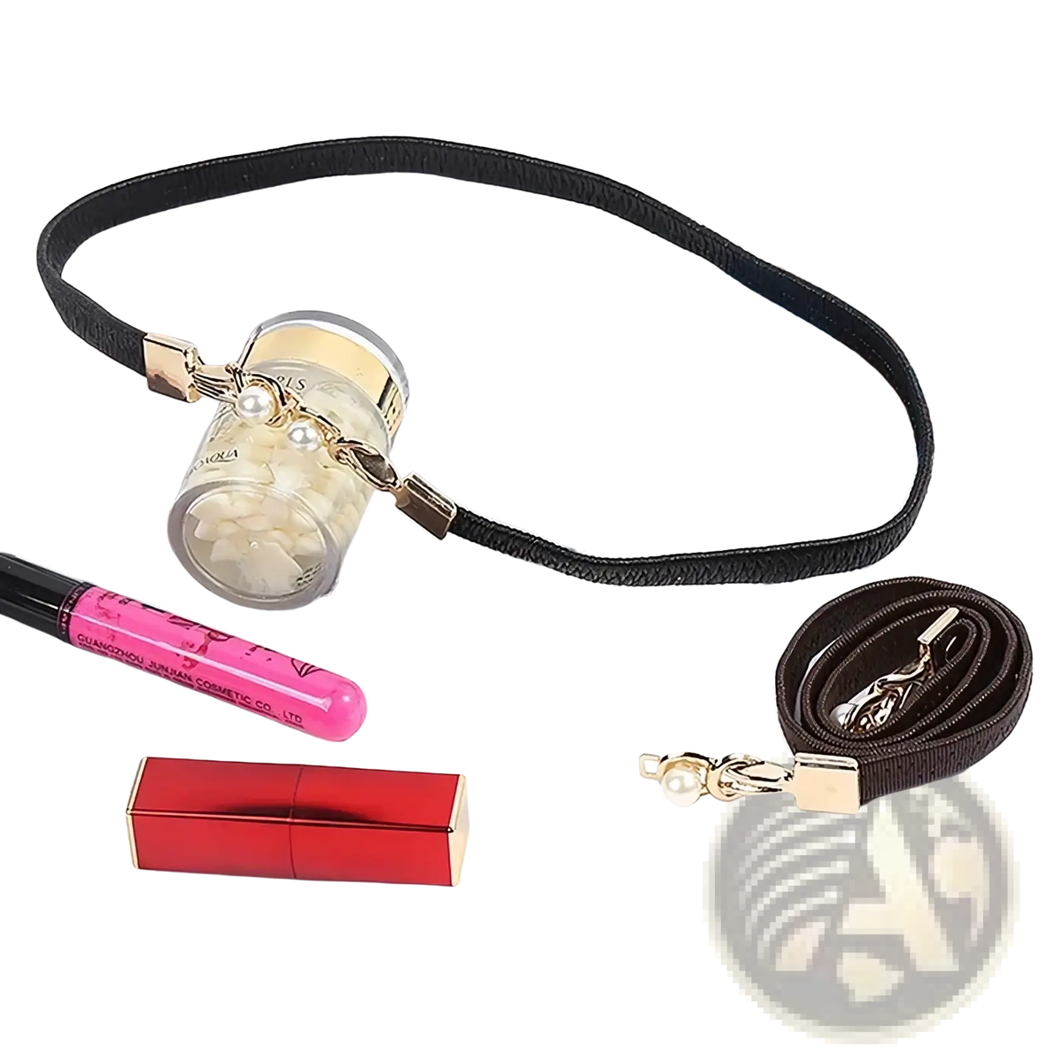 Black elastic pearl buckle thin waist belt for women with gold-tone hardware and clear pouch filled with white beads