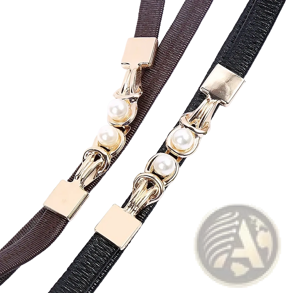 Pearl buckle thin waist belts for women in brown and black faux leather with gold tone metal clasps adorned with white pearls