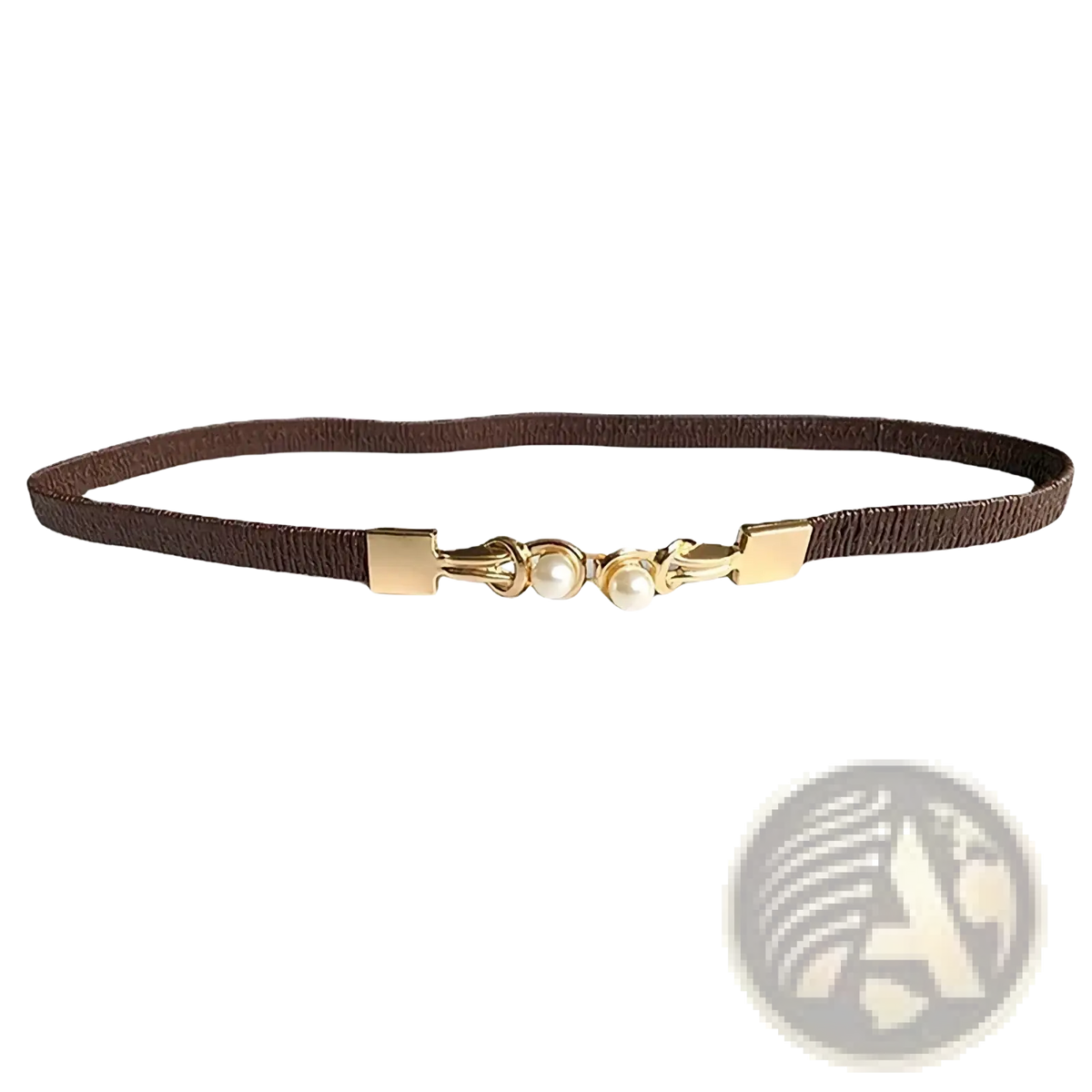 Brown textured fabric pearl buckle thin waist belt for women with gold-toned metal clasp and two pearl accents