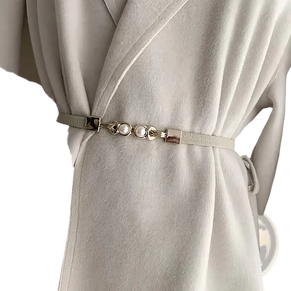 Pearl buckle thin waist belt for women in silver tone with minimalist design featuring three pearl-like beads and metal accents