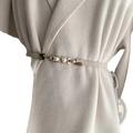 Pearl buckle thin waist belt for women in silver tone with minimalist design featuring three pearl-like beads and metal accents