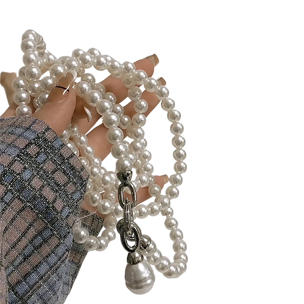 Pearl crossbody pendant necklace for women featuring a delicate strand of white pearls with silver chain and teardrop pendant