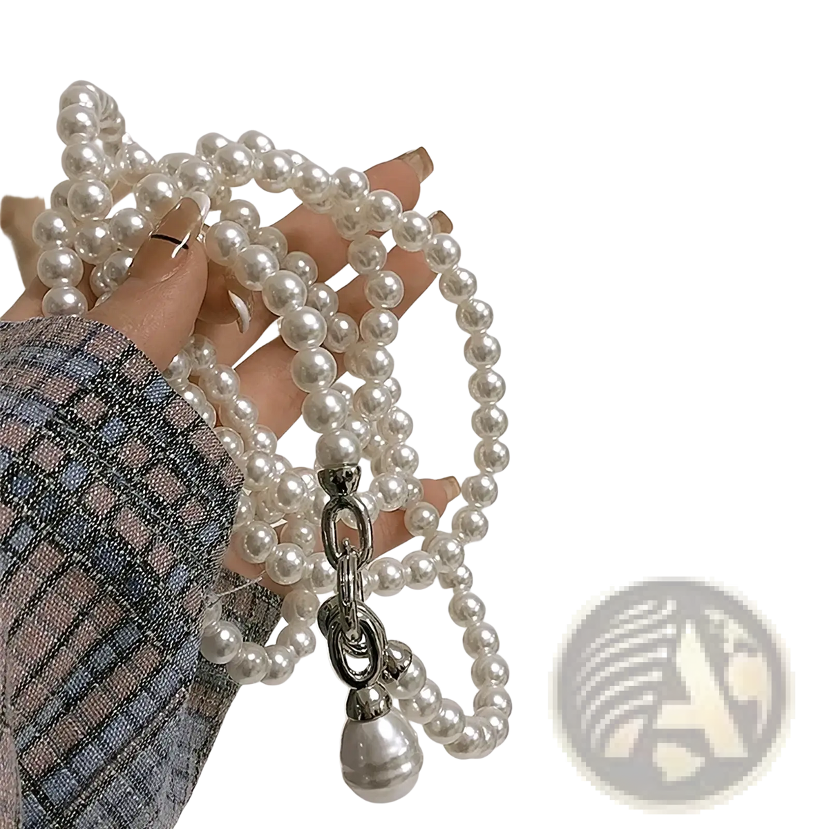 Pearl crossbody pendant necklace for women featuring a delicate strand of white pearls with silver chain and teardrop pendant