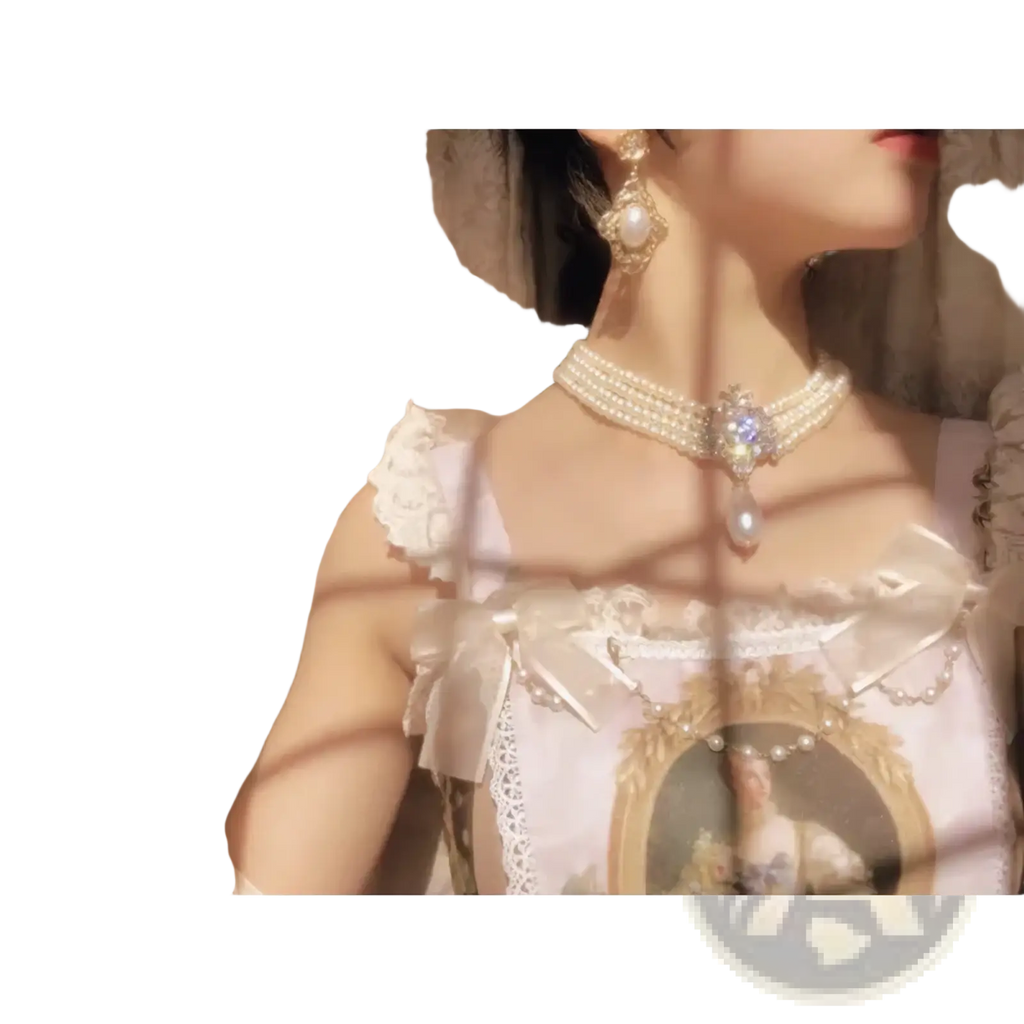 Delicate multi-strand pearl choker necklace with central crystal pendant and dangling pearl drop vintage gothic jewelry