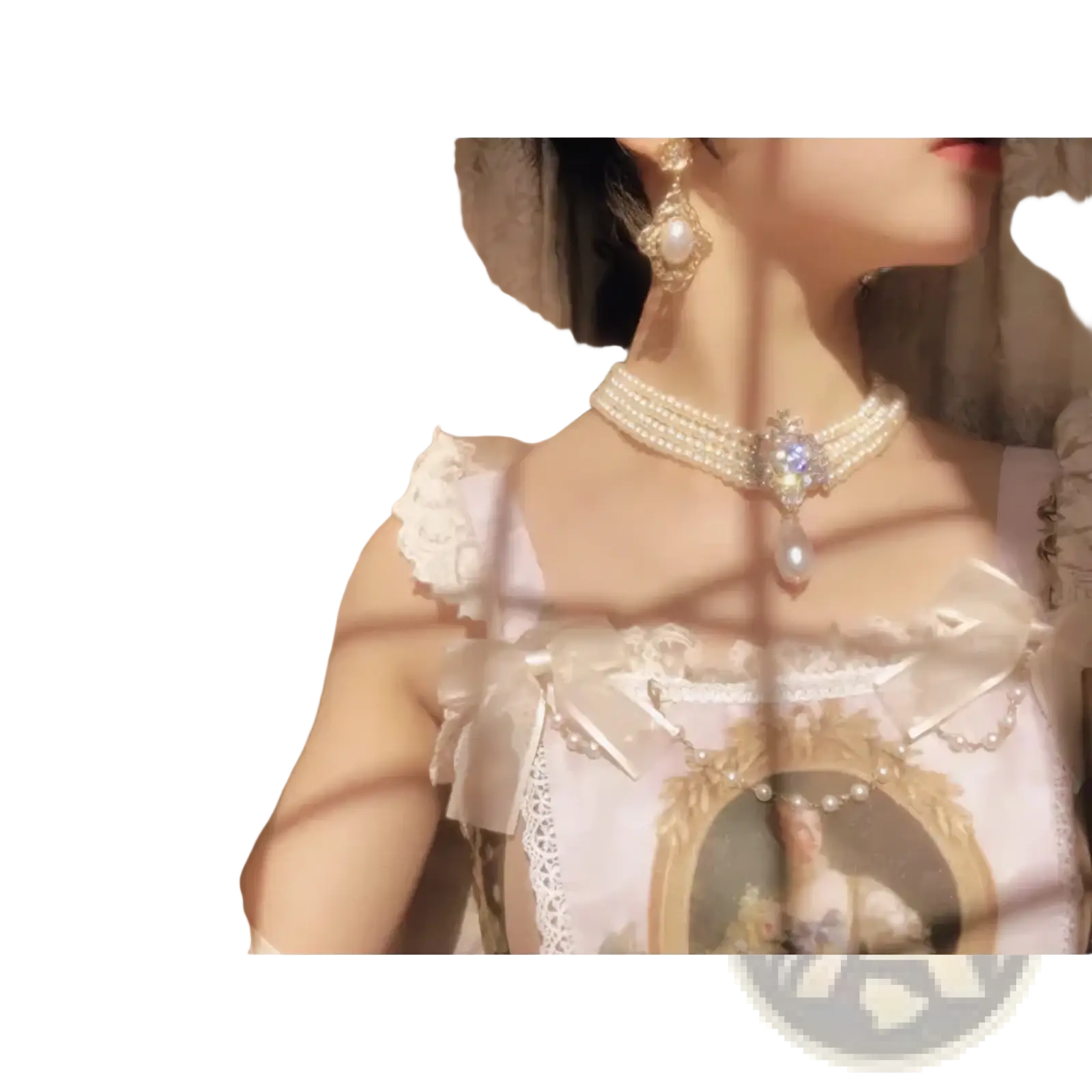 Delicate multi-strand pearl choker necklace with central crystal pendant and dangling pearl drop vintage gothic jewelry