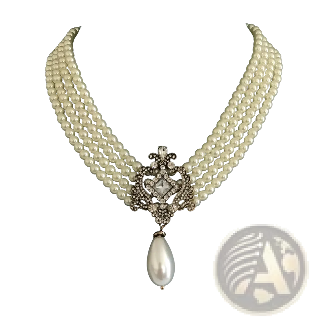 Elegant cream-colored pearl crystal choker necklace with ornate silver-toned pendant featuring diamonds and teardrop pearl
