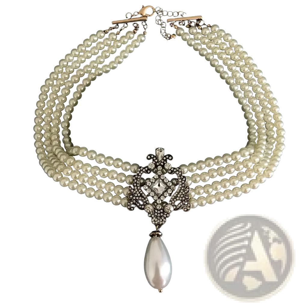 Elegant multi-strand pearl choker necklace with silver-toned crystal pendant and teardrop pearl in vintage gothic style
