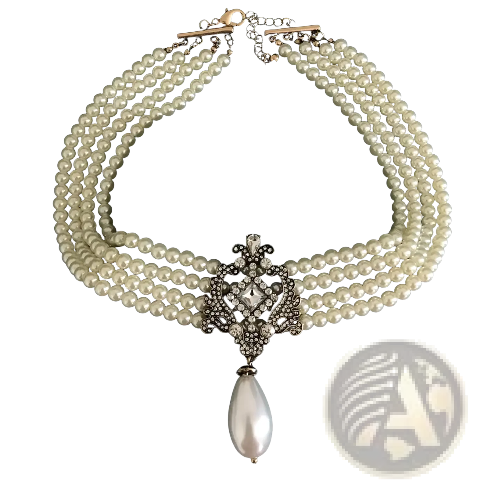 Elegant multi-strand pearl choker necklace with silver-toned crystal pendant and teardrop pearl in vintage gothic style