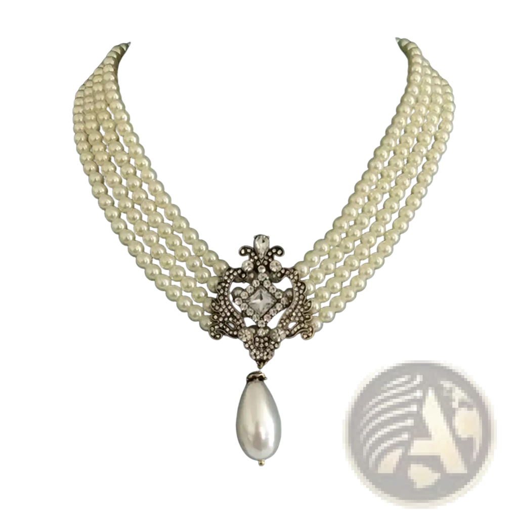 Elegant multi-strand pearl crystal choker necklace with a diamond ornate clasp and dangling teardrop pearl pendant