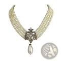 Elegant multi-strand pearl crystal choker necklace with a diamond ornate clasp and dangling teardrop pearl pendant