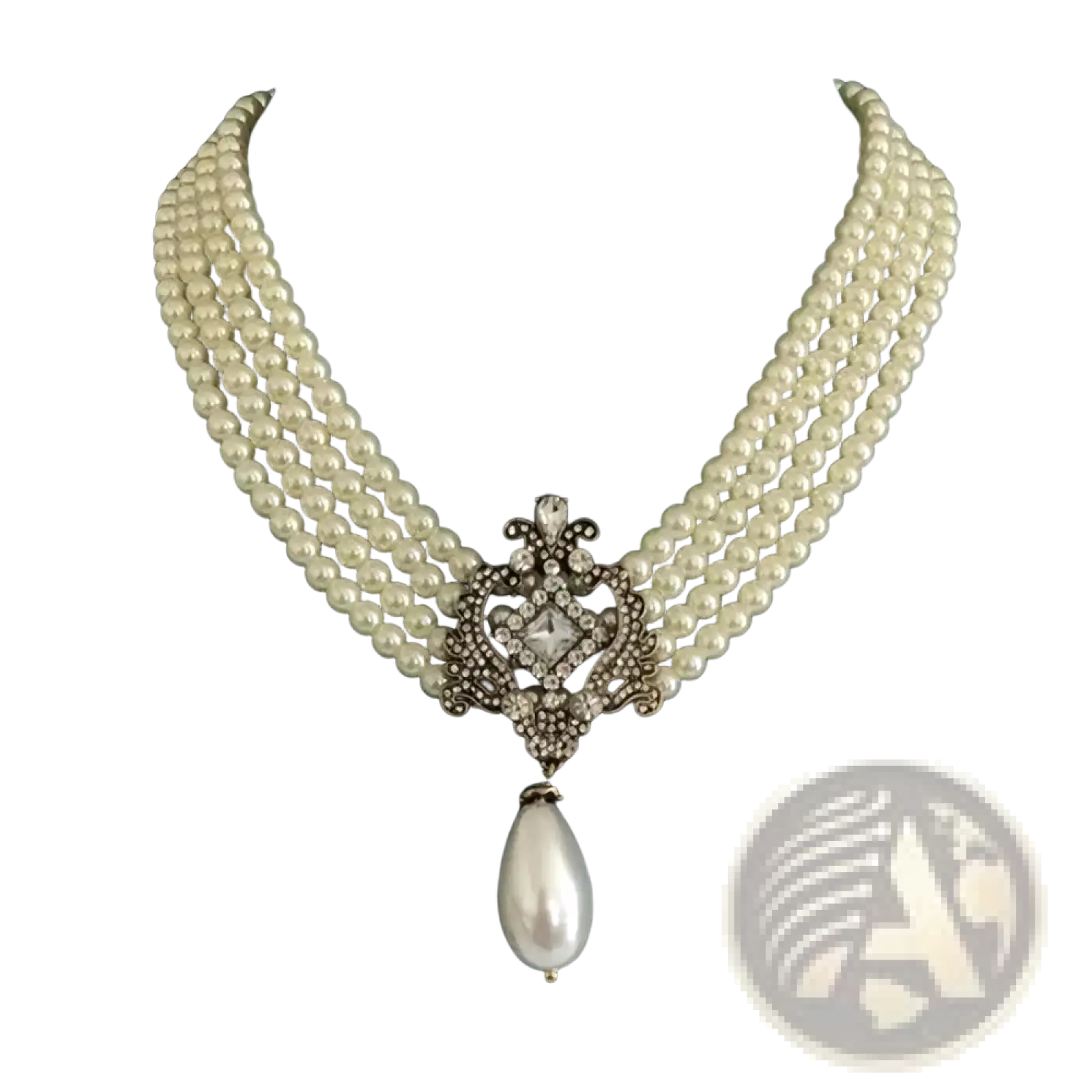 Elegant multi-strand pearl crystal choker necklace with a diamond ornate clasp and dangling teardrop pearl pendant