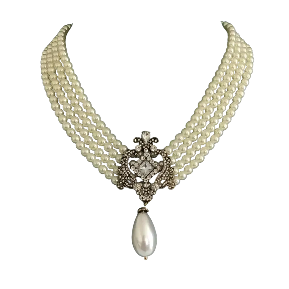 Elegant multi-strand pearl crystal choker necklace with a diamond ornate clasp and dangling teardrop pearl pendant