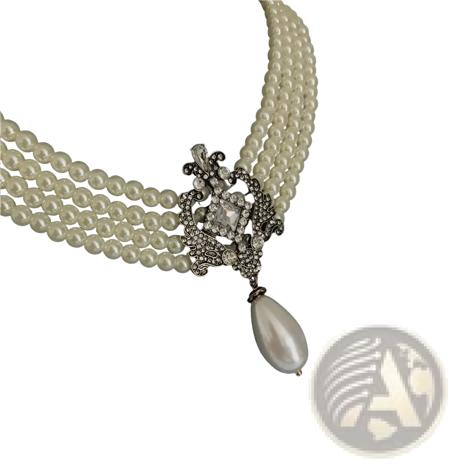 Elegant three-strand pearl choker necklace with silver-toned clasp featuring square-cut crystal and teardrop pearl accents