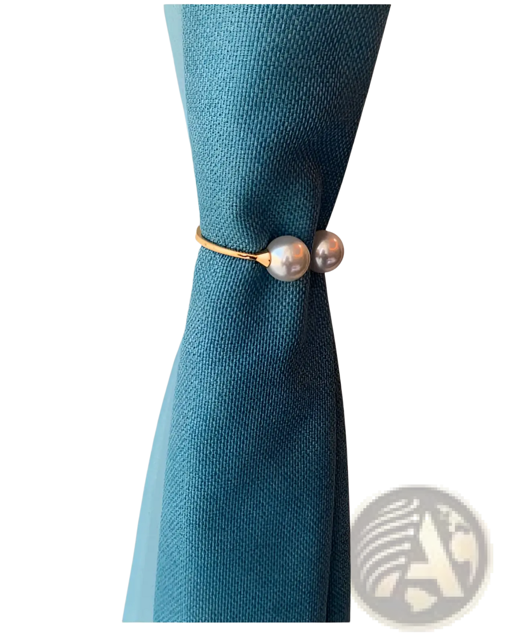 Gold-toned pearl curtain tieback with two round pearl-like beads and elegant alloy spring buckle closure