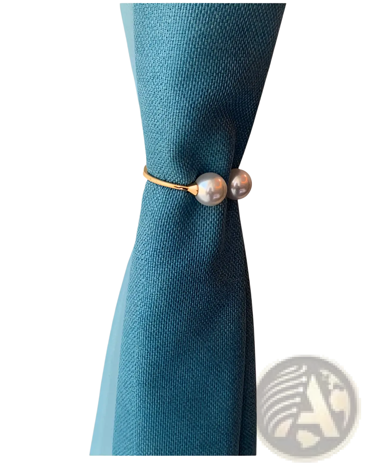 Gold-toned pearl curtain tieback with two round pearl-like beads and elegant alloy spring buckle closure