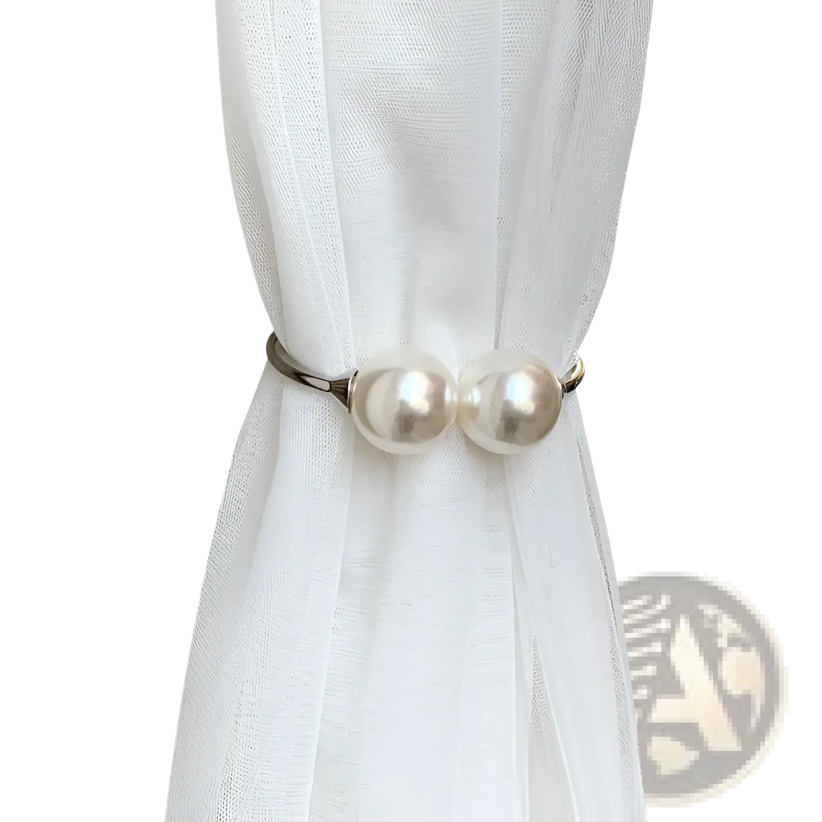 Elegant white curtain tieback with two pearl-like spheres in a sleek silver-toned alloy spring buckle frame