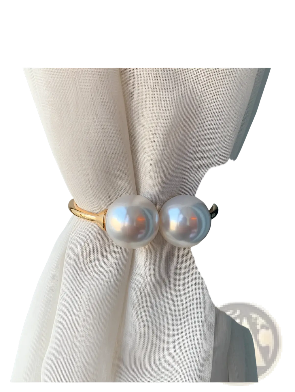 Gold-toned pearl curtain tieback with two white round pearls featuring an elegant alloy spring buckle design