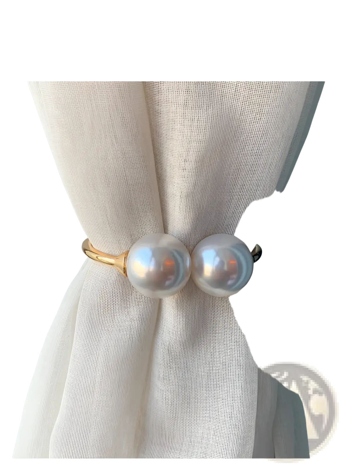 Gold-toned pearl curtain tieback with two white round pearls featuring an elegant alloy spring buckle design