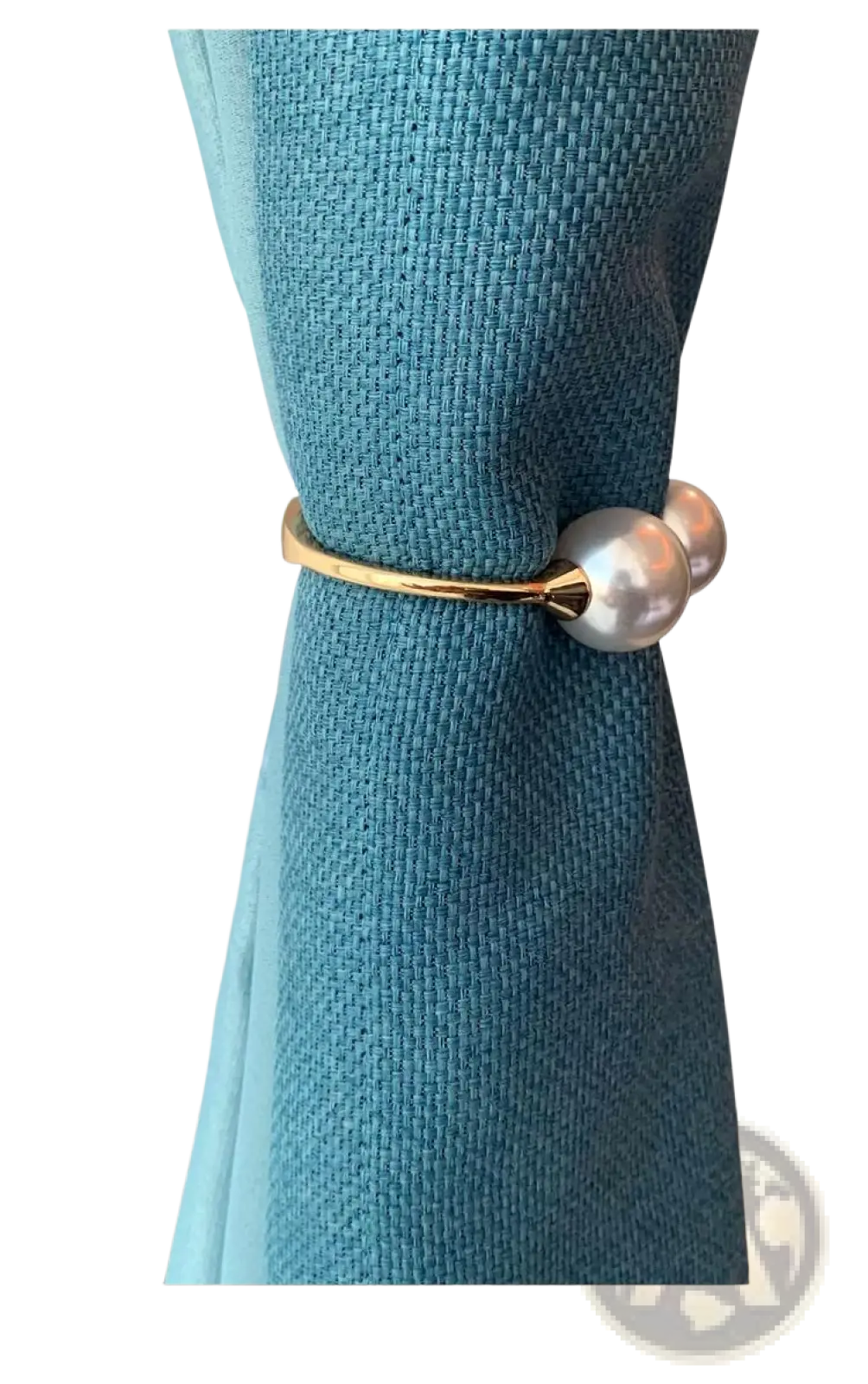 Gold-toned pearl curtain tieback with elegant alloy spring buckle featuring two pearl-like spheres