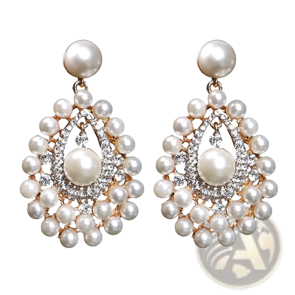 Elegant gold-toned pearl drop earrings with teardrop shape featuring central and surrounding pearls and crystals