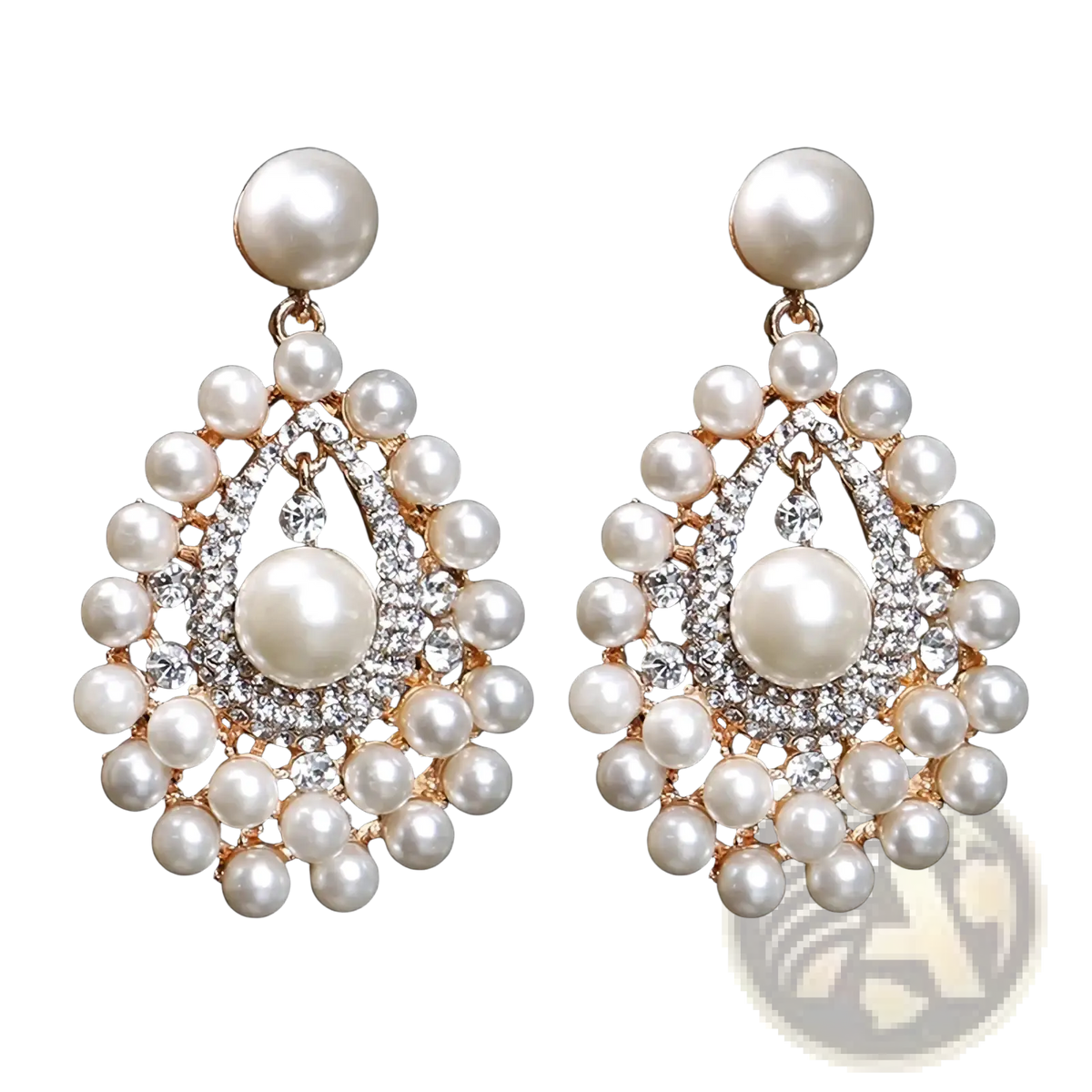 Elegant gold-toned pearl drop earrings with teardrop shape featuring central and surrounding pearls and crystals