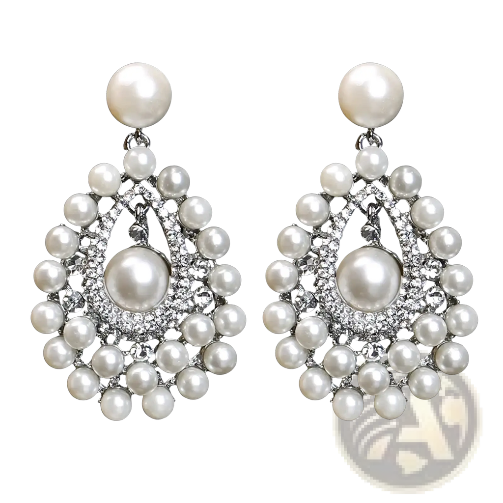 Elegant pearl drop earrings bridal crystal chandelier design with teardrop shape silver toned metal and sparkling crystals