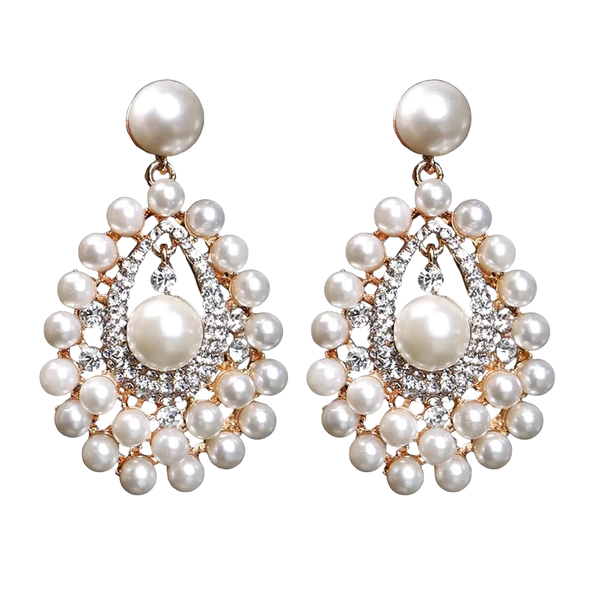 Elegant pearl drop earrings featuring white pearls and clear crystals set in gold-toned metal by blijery