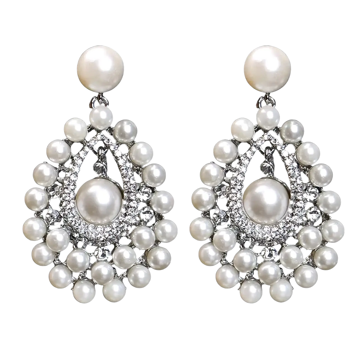 Elegant pearl drop earrings featuring a central white pearl and clear crystals in a silver-toned bridal chandelier design