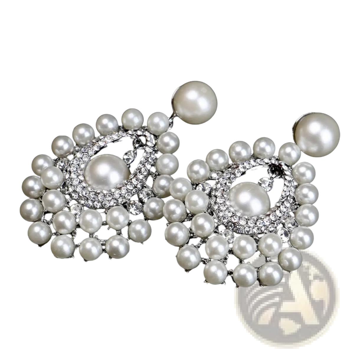 Elegant pearl drop earrings featuring crystal chandelier design with silver-toned metal frame for bridal jewelry