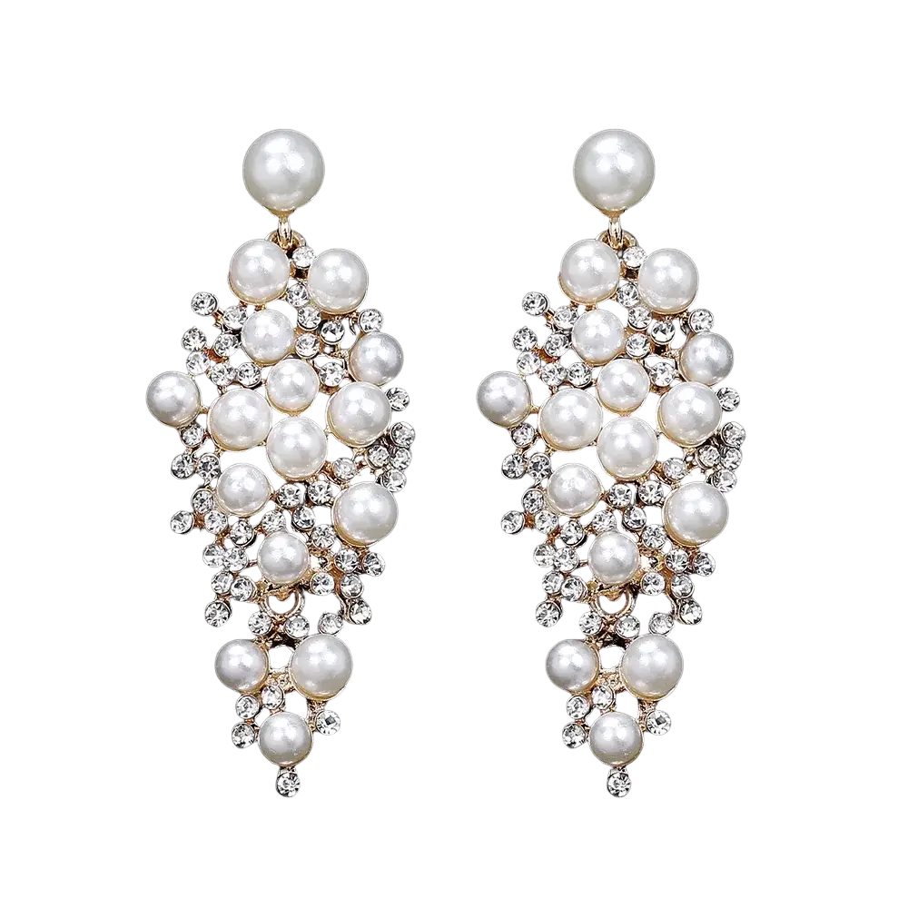 Elegant pearl drop earrings with cascading white pearls and clear crystals set in rose gold for bridal wear