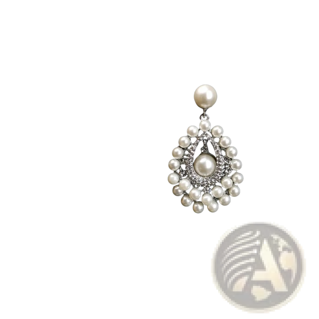Elegant pearl drop earrings with central teardrop pearl, surrounded by smaller pearls and crystals in silver metal frame