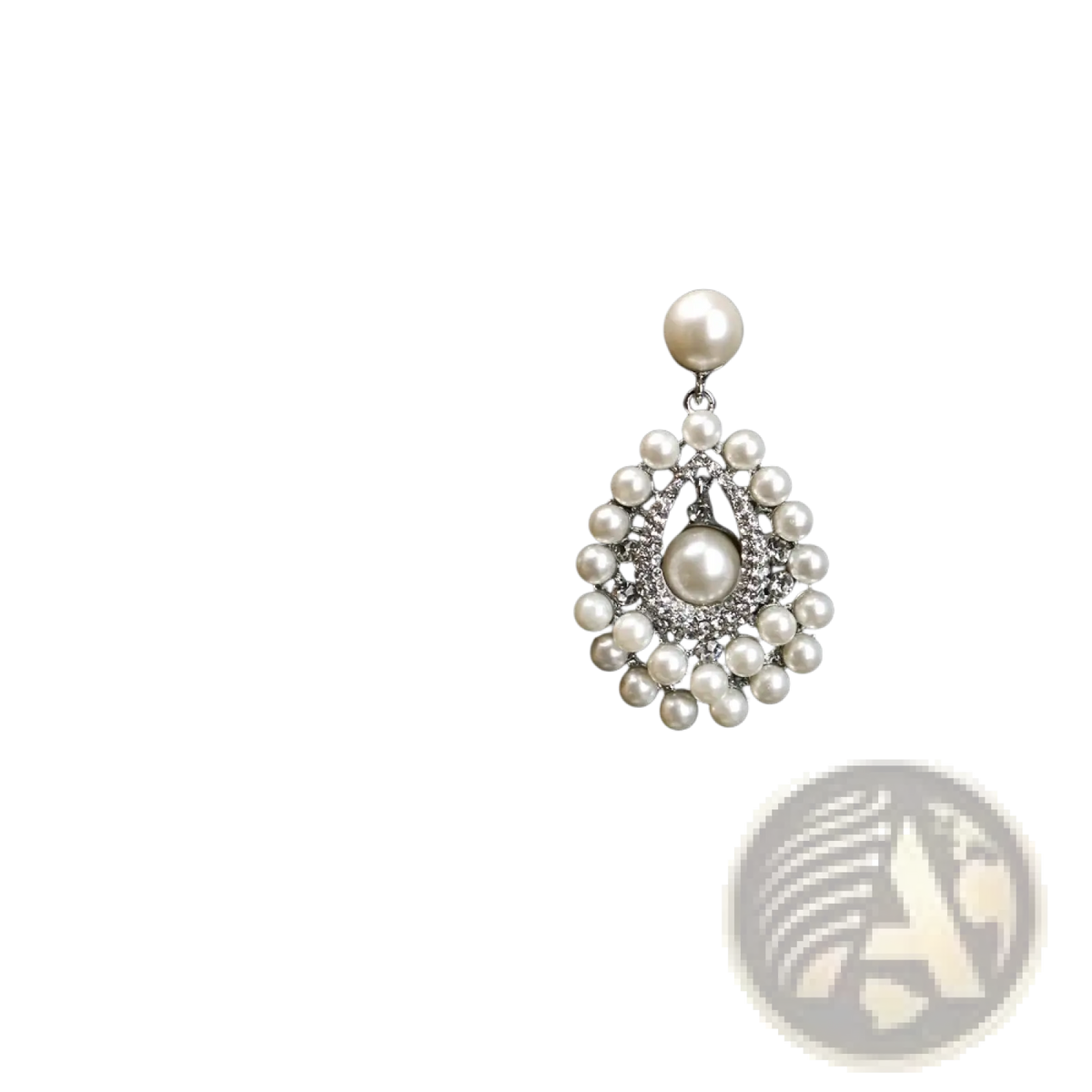 Elegant pearl drop earrings with central teardrop pearl, surrounded by smaller pearls and crystals in silver metal frame