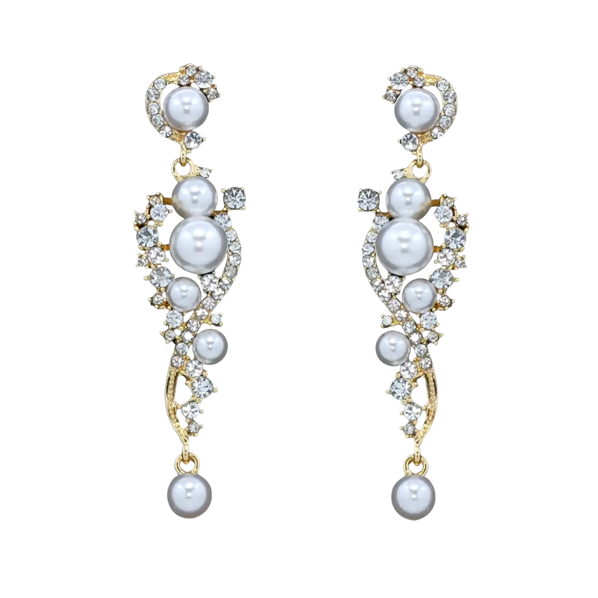 Elegant gold-toned pearl drop earrings with cascading white pearls and clear crystals for bridal chandelier jewelry