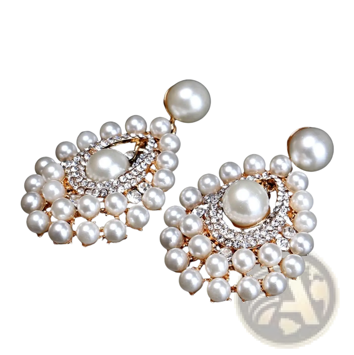 Elegant gold-toned pearl drop earrings bridal crystal chandelier jewelry adorned with white pearls and rhinestones