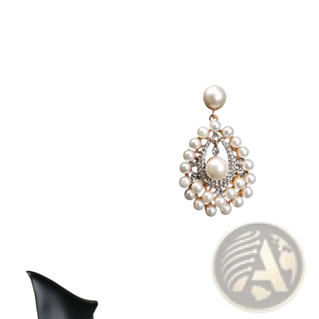 Elegant gold-toned pearl drop earrings with central and smaller pearls surrounded by bridal crystal rhinestones