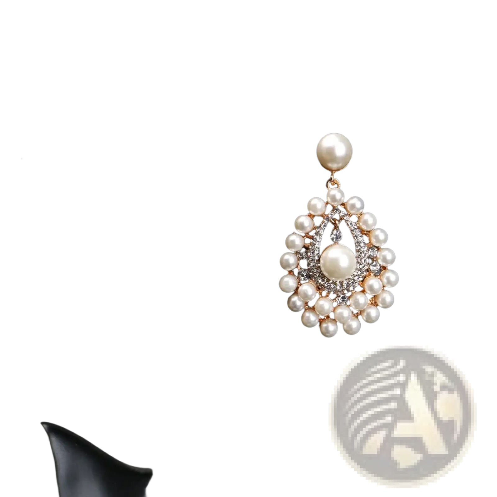 Elegant gold-toned pearl drop earrings with central and smaller pearls surrounded by bridal crystal rhinestones