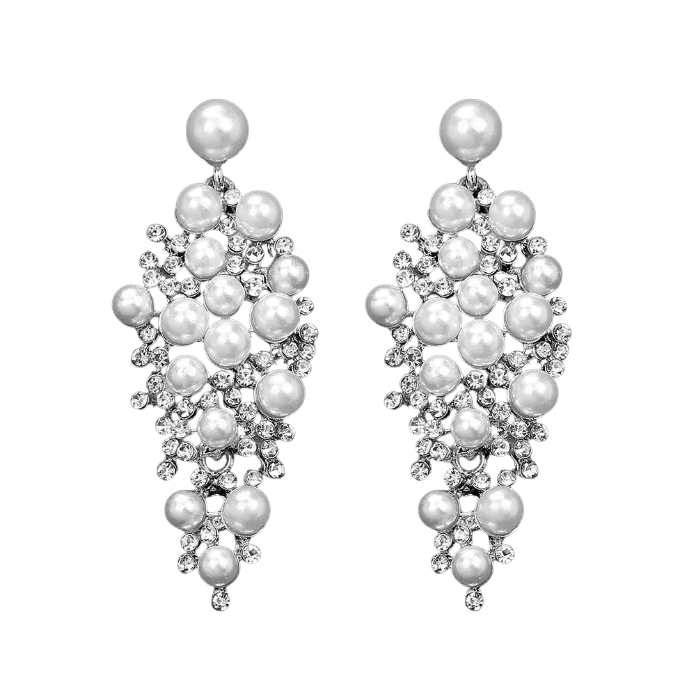 Elegant silver-toned pearl drop earrings featuring cascading white pearls and sparkling clear crystals for bridal wear