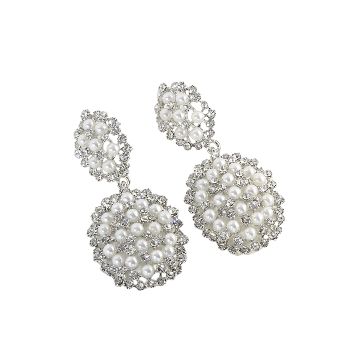 Elegant silver-toned pearl drop earrings featuring cascading white pearls and crystal rhinestones for bridal wear