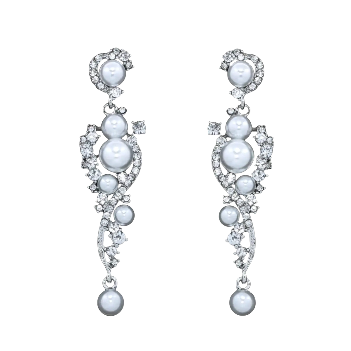Elegant silver-toned pearl drop earrings with cascading white pearls and clear crystals for bridal chandelier jewelry