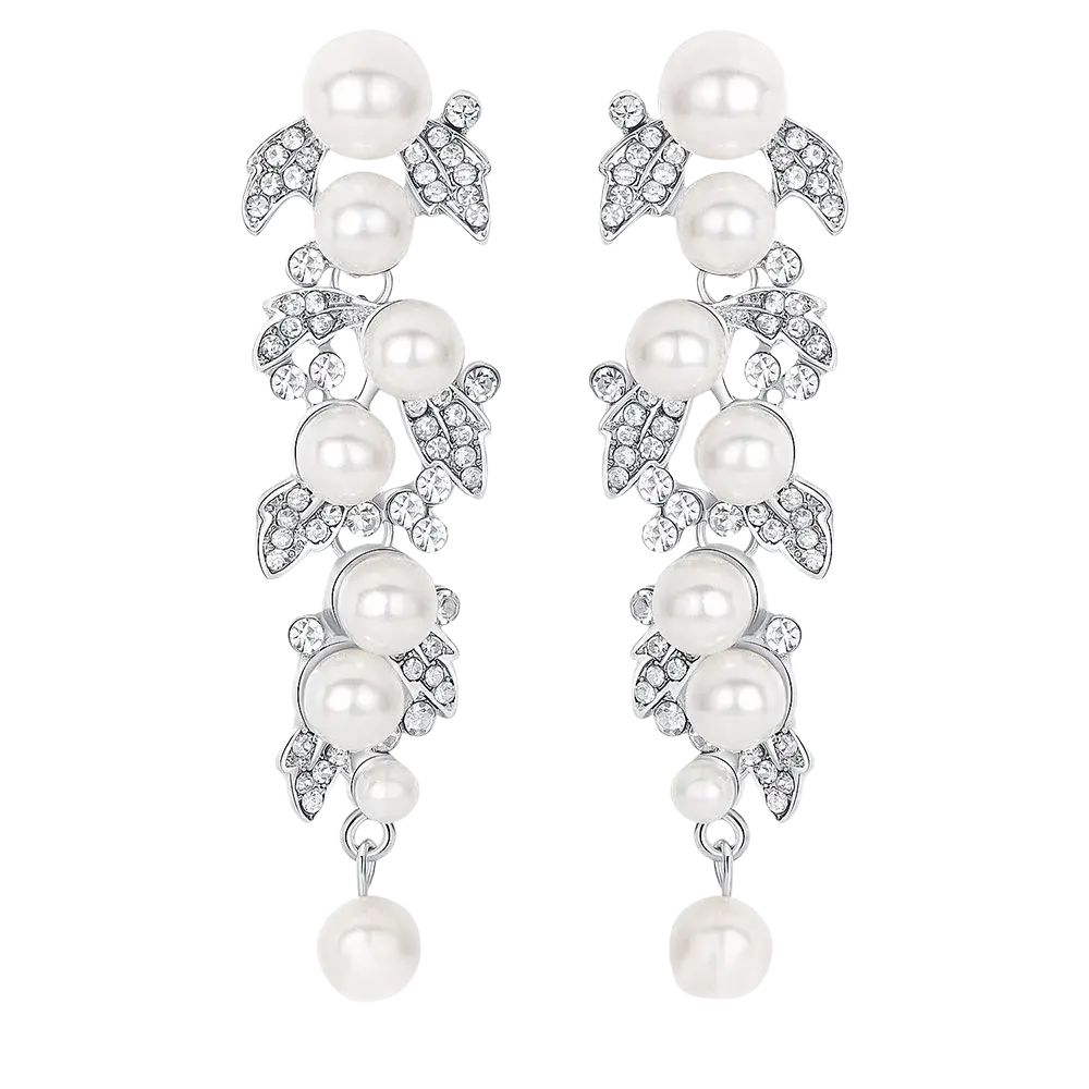 Elegant silver leaf pearl drop earrings featuring sparkling crystals for bridal crystal chandelier jewelry