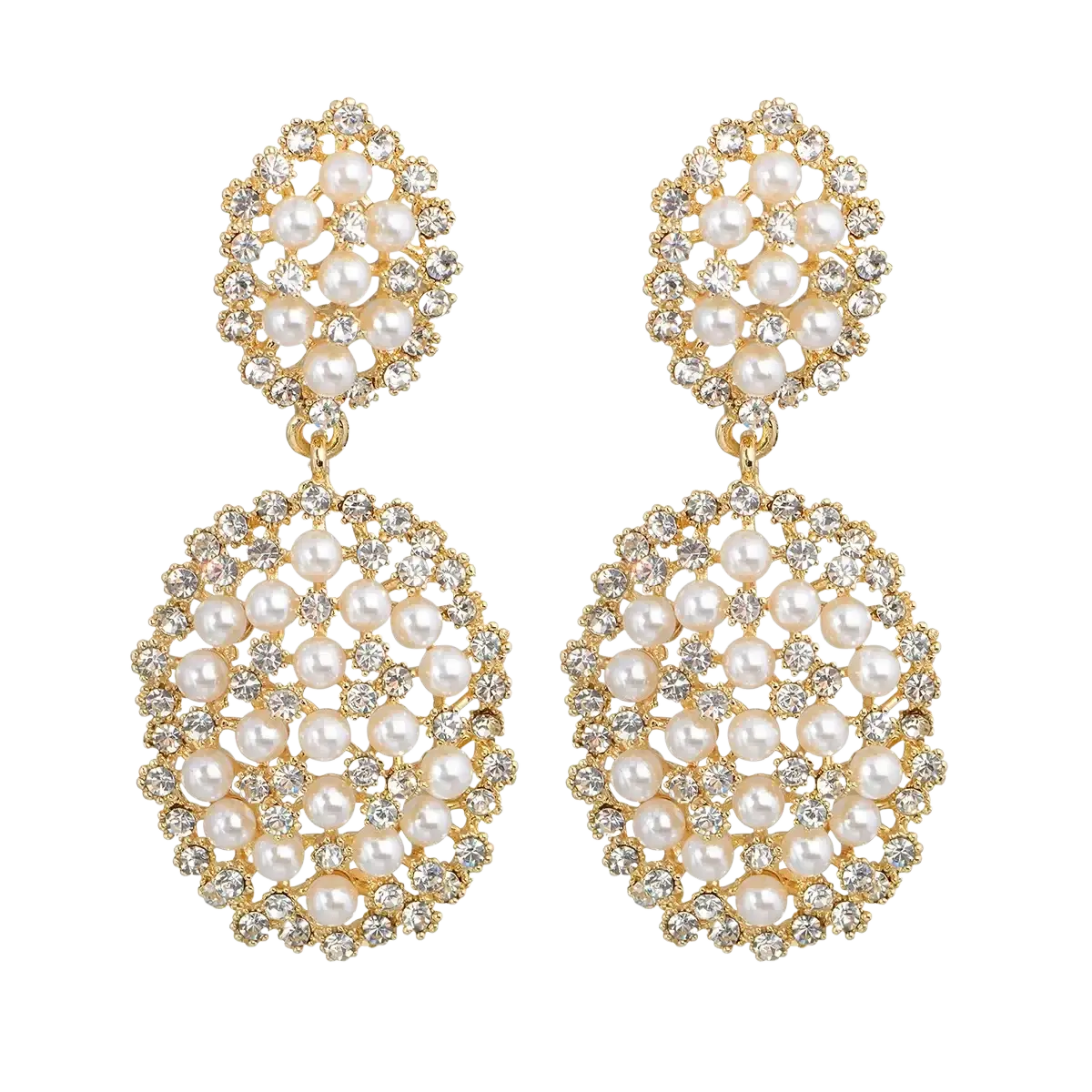 Gold-toned pearl drop earrings with intricate circular designs and clear crystals for bridal chandelier jewelry