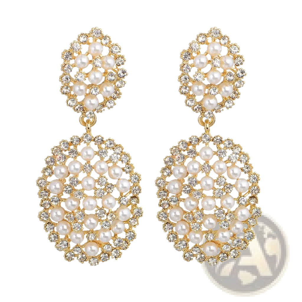 Gold-toned pearl drop earrings with intricate circular designs and clear crystals for bridal chandelier jewelry