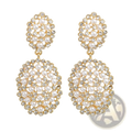 Gold-toned pearl drop earrings with intricate circular designs and clear crystals for bridal chandelier jewelry