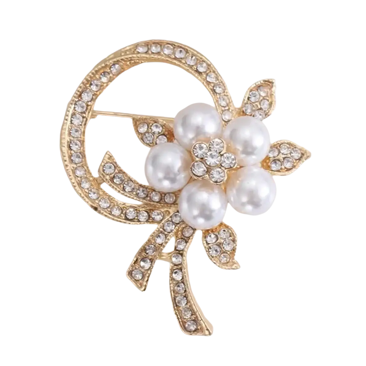 Gold-toned pearl floral brooch adorned with clear rhinestones and imitation pearls for luxury unisex fashion pin