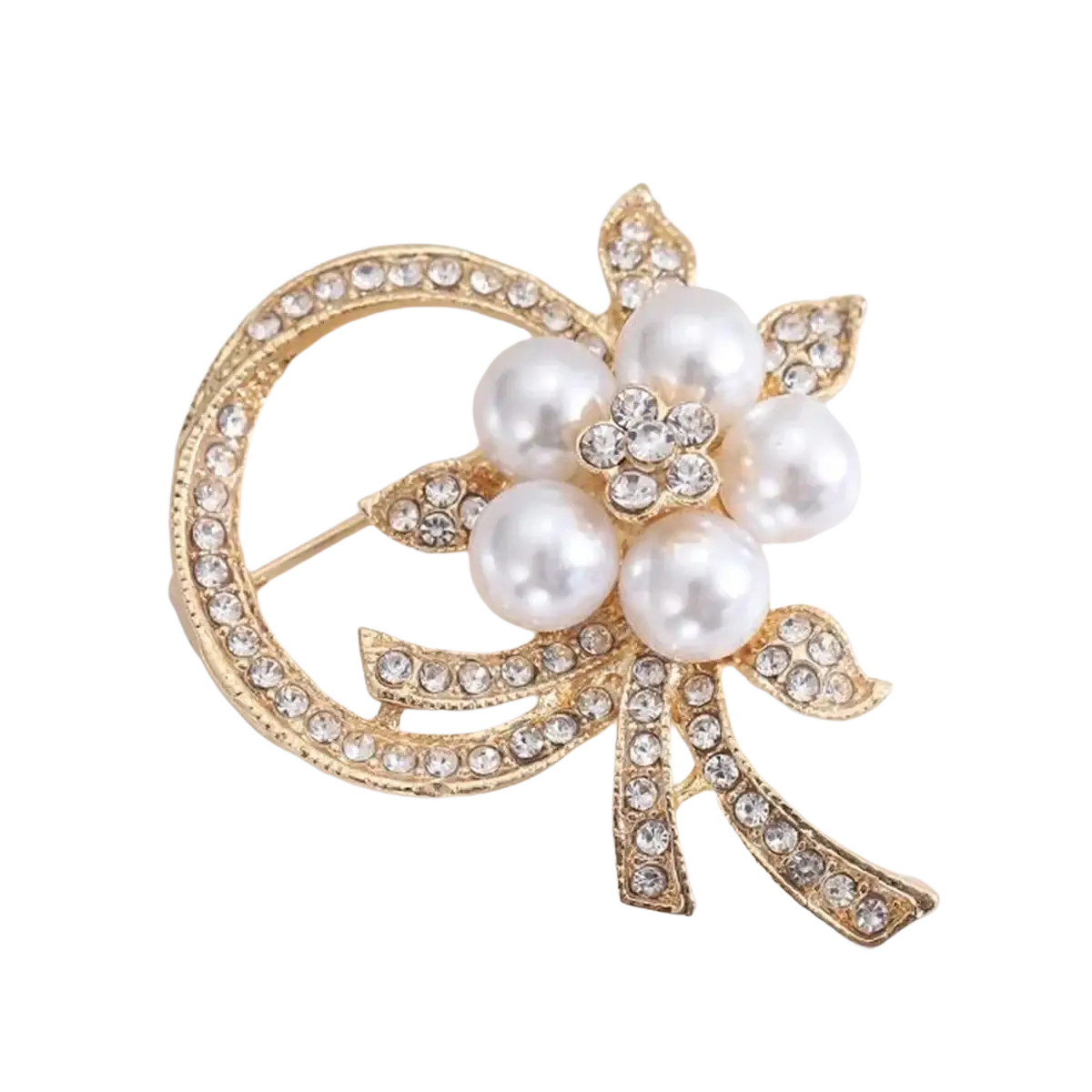 Gold-toned pearl floral brooch with five white pearls and clear rhinestones in an ornate curved frame for unisex fashion