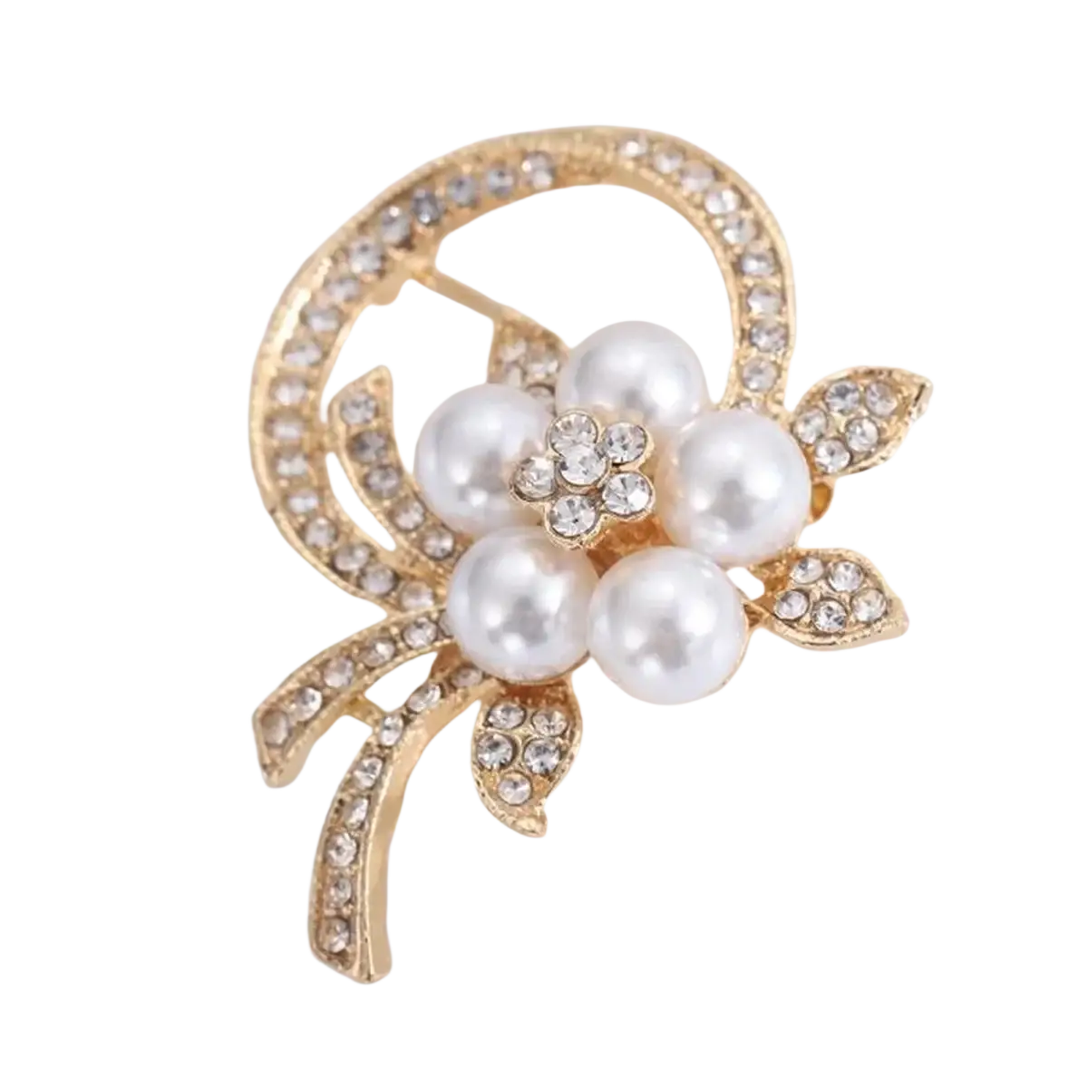 Gold-toned pearl floral brooch with white pearls and sparkling rhinestones luxury unisex fashion pin