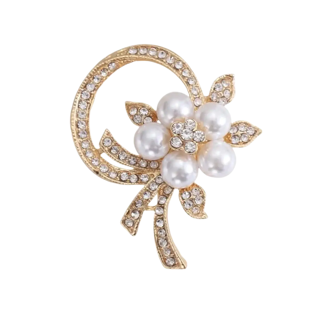 Pearl floral brooch gold-toned with five white pearls and clear rhinestones in an elegant bow design luxury pin