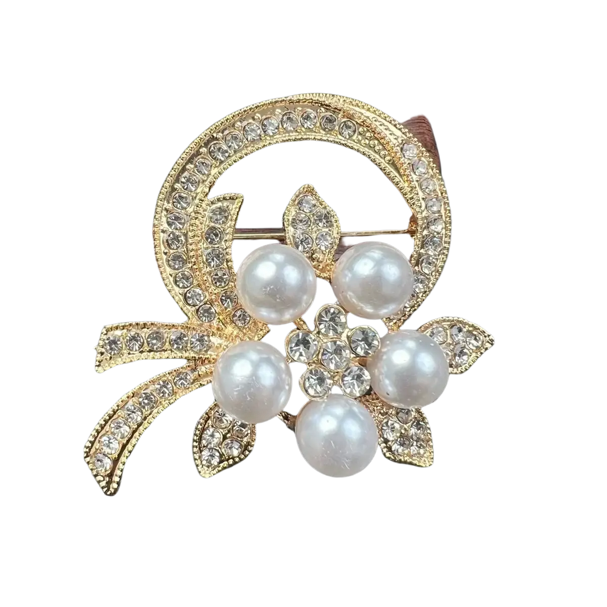 Gold-toned pearl floral brooch featuring five white pearls and clear crystals for luxury unisex fashion pin